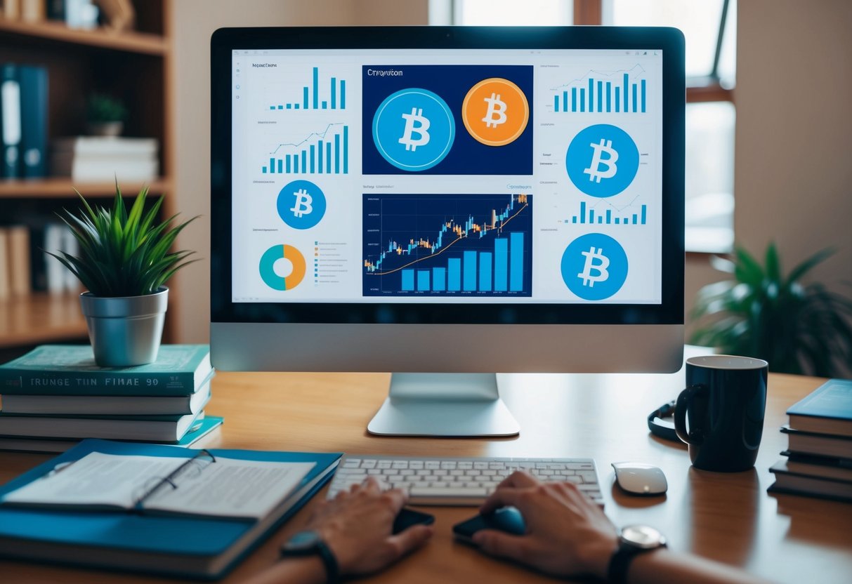 Feature image A computer screen displaying various cryptocurrency symbols and charts, surrounded by books on finance and digital assets